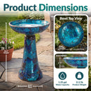 Product dimensions for the Crackled Glass Mosaic Bird Bath in deep ocean swirl, measuring 18.5 inches tall with a 12-inch bowl diameter, 2.75-inch bowl depth, and 8.25-inch base. Holds 1.35 gallons of water and weighs 11.2 pounds.