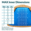 Instructions and reference chart for choosing rock size based on object height, max width, and max depth to cover