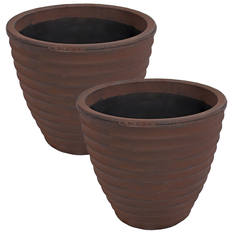 brown plant pots outdoor Sunnydaze Indoor/Outdoor Round Ribbed Polyresin Planter Pot with Double Wall Design - Rust