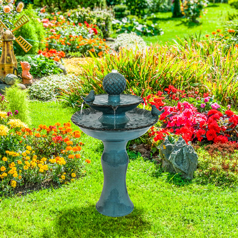 Sunnydaze 2-Tier Ceramic Outdoor Water Fountain 27" - Resting Birds
