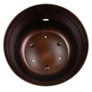 Top-down interior view of the bronze Hammered Iron Hose Pot showing the spacious interior, side hose access opening, and drainage holes in the base.