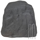 Dark gray, realistic faux rock cover with a textured stone finish and two metal anchoring stakes displayed beside it against a white background.