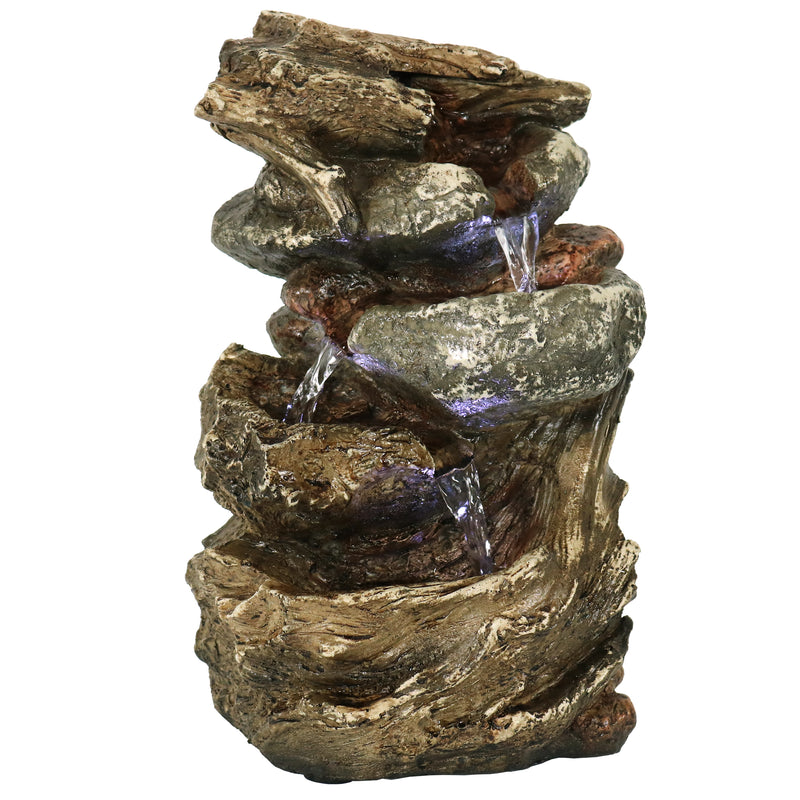 Sunnydaze Tiered Rock & Log Indoor Waterfall Fountain with LED Lights - 10-Inch