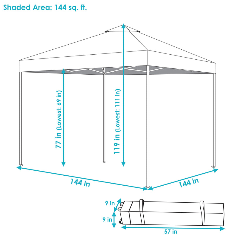 Blue arrows with text details the dimensions of the 12 foot by 12 foot dimension image. 