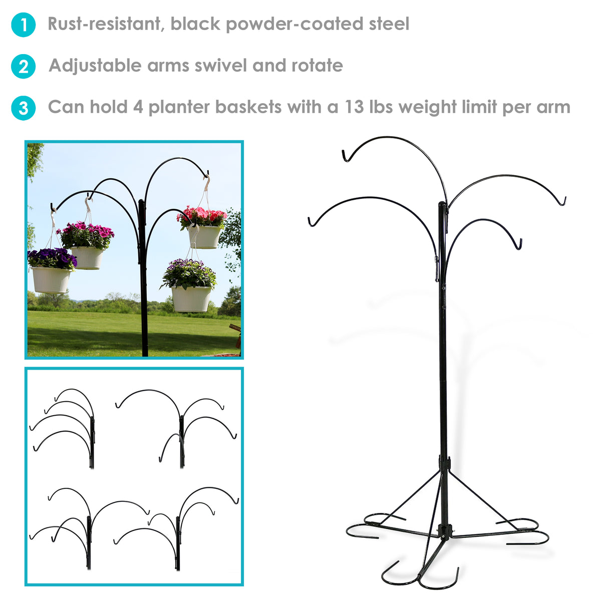 Sunnydaze 4-Arm Hanging Plant Basket Stand with Adjustable Arms 84-inch Tall