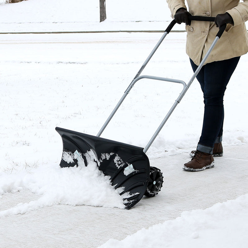 rolling snow pusher with wheels