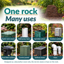 Infographic highlighting eight uses for a tall, tapered dark brown decorative faux rock cover, including hiding septic tank covers, well pump risers, sprinkler valves, outdoor outlets, pond filter systems, control panels, spillway boxes, and pipes. Text reads “One rock, Many uses” with a safety note advising against sitting, standing, or leaning on the rock.