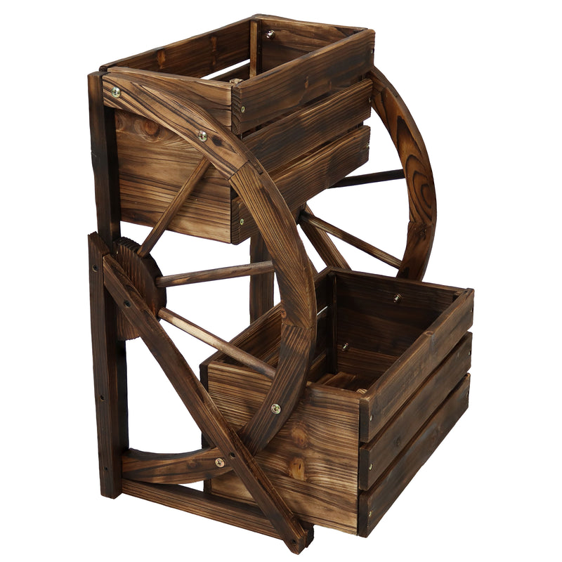 Sunnydaze Wagon Wheel 2-Tier Rustic Wood Plant Stand