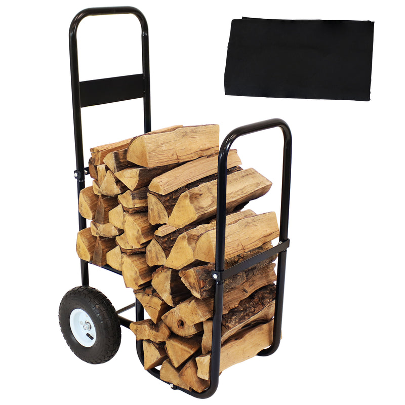 Sunnydaze Heavy-Duty Firewood Log Cart with Wheels and Protective Cover