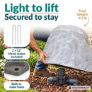Infographic showing a lightweight, tall, tapered light gray faux rock cover being lifted over a sprinkler valve in a landscaped garden. Text highlights its 4.2 lb weight, two included 12-inch metal stakes, and built-in stake holes for secure outdoor placement.