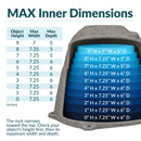 Infographic showing the maximum interior dimensions of a tall, tapered gray faux rock cover, with a cutaway view and blue measurement layers illustrating usable width and depth at heights from 0 to 9 inches. A sizing table explains how the rock narrows toward the top and helps customers determine proper fit by measuring their object's height, width, and depth.