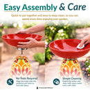 Easy assembly and care infographic featuring a red Mediterranean-style glass bird bath being assembled without tools and cleaned with a cloth. Callouts highlight “No Tools Required” and “Simple Cleaning.”