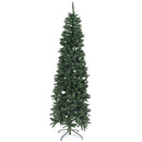 Sunnydaze 7.5ft Pencil-Style Artificial Christmas Tree - Unlit Green Christmas Tree with Hinged Branches - with Metal Stand, on a white background.