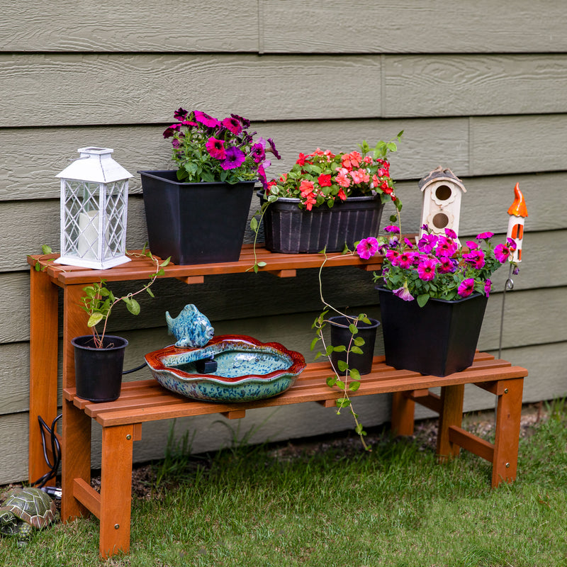 outdoor plant pots on stands Sunnydaze 2-Tier Meranti Wood Outdoor Plant Stand with Teak Oil Finish