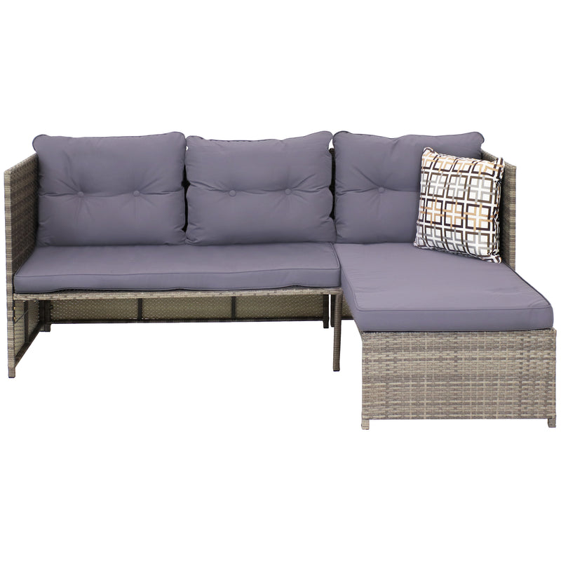 Outdoor patio sectional sofa set with charcoal colored cushions and accent throw pillow