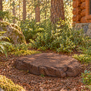 Dark brown decorative faux rock cover with a flat, natural stone-textured surface and irregular edges, placed in a mulch-covered forest landscape surrounded by ferns, trees, and a rustic log cabin.
