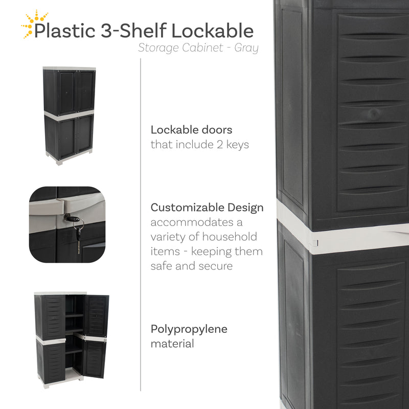 Sunnydaze Plastic Lockable Storage Cabinet with 3 Adjustable Shelves - Gray