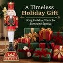 Red and gold Christmas nutcracker king holding a gold scepter, standing beside wrapped holiday gifts with text reading “A Timeless Holiday Gift” and “Bring Holiday Cheer to Someone Special.”