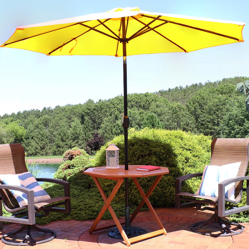 folding patio tables with umbrella hole Sunnydaze Meranti Teak Oil Octagon Wood Outdoor Folding Patio Table