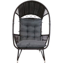 Front facing view of faux wicker egg chair with dark gray cushion.