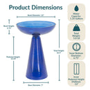 Product dimensions infographic for a blue glass birdbath showing a 12-inch bowl diameter, 2.75-inch bowl height, 13.25-inch pedestal height, 16.5-inch total height, 7-inch base diameter, 1.35-gallon water capacity, 5.8-pound weight, and inner pedestal dimensions.