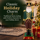Tall decorative Santa figure in a green, burgundy, and gold outfit standing on an ornate red and green base beside a Christmas tree and wrapped gifts, with text reading “Classic Holiday Charm” and “Traditional Santa styling adds festive character to your holiday decor.”