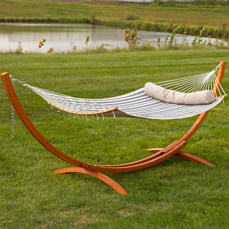 Sunnydaze Quilted Hammock with Curved Bamboo Spreader Bar and Pillow