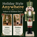 Green and red Christmas nutcracker statue with “Holiday Style Anywhere” text, showing indoor and outdoor display settings with callouts for fireplaces, Christmas trees, entryways, porches, doorways, and patios.