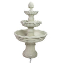 Off-white three-tier decorative outdoor water fountain featuring scalloped basins, an ornate pedestal base, pinecone-shaped finial, and attached black power cord viewed from behind.