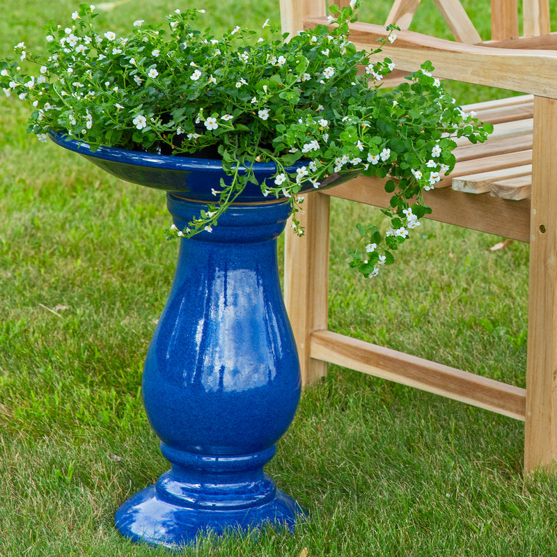 Sunnydaze Daisy Embossed Bowl Glazed Ceramic Bird Bath - Blue - 21.5" H