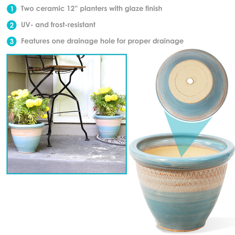 12 inch ceramic pots for plants Sunnydaze 2 Purlieu 12 in. Shoreline Ceramic Indoor/Outdoor Planters