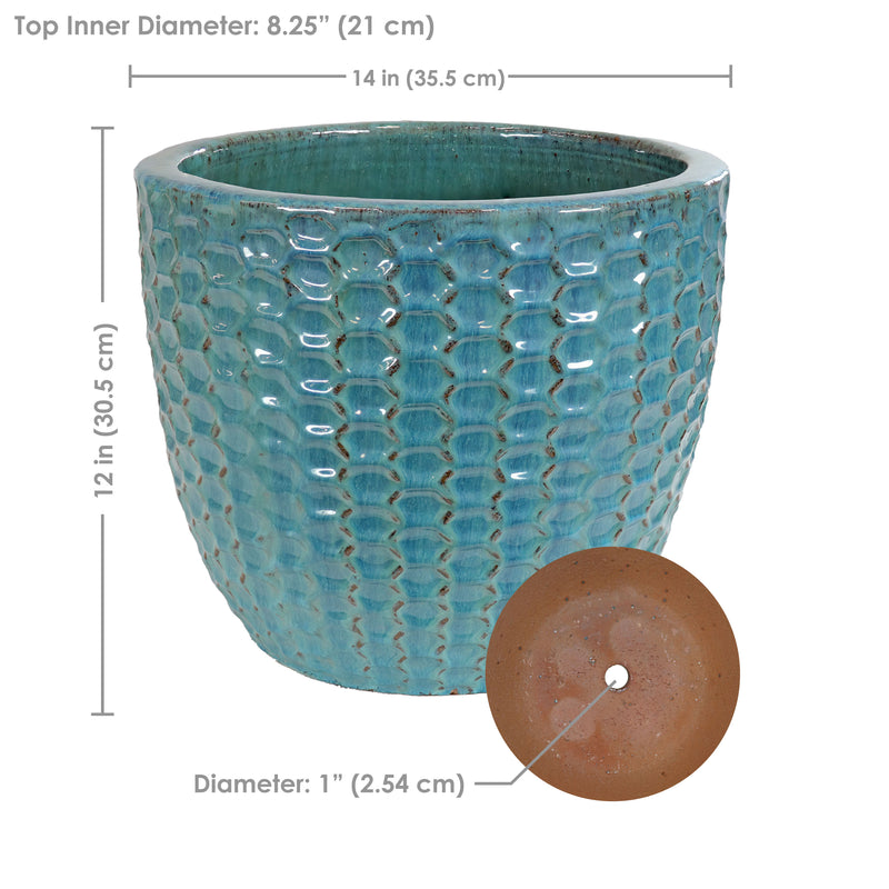 Sunnydaze 14" Ceramic Plant Pot - Turquoise Raised Hexagon Pattern