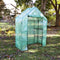 open zippered door for walk-in greenhouse with 4 shelves and green cover