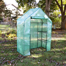 open zippered door for walk-in greenhouse with 4 shelves and green cover