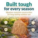 Infographic featuring a tall, tapered tan faux rock cover in a landscaped garden transitioning through different seasons. Text highlights weather-resistant construction, including a crack- and fade-resistant shell, UV-resistant polyresin, rain and snow resistance, and durability in extreme heat and freeze-thaw conditions.