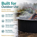 Infographic featuring a black metal fire pit in wet outdoor conditions, highlighting 1mm thick steel, high-temperature paint, weather-resistant construction, and rust-resistant finish.