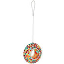 Confetti-colored mosaic hanging bird feeder with steel wire and hanging loop.