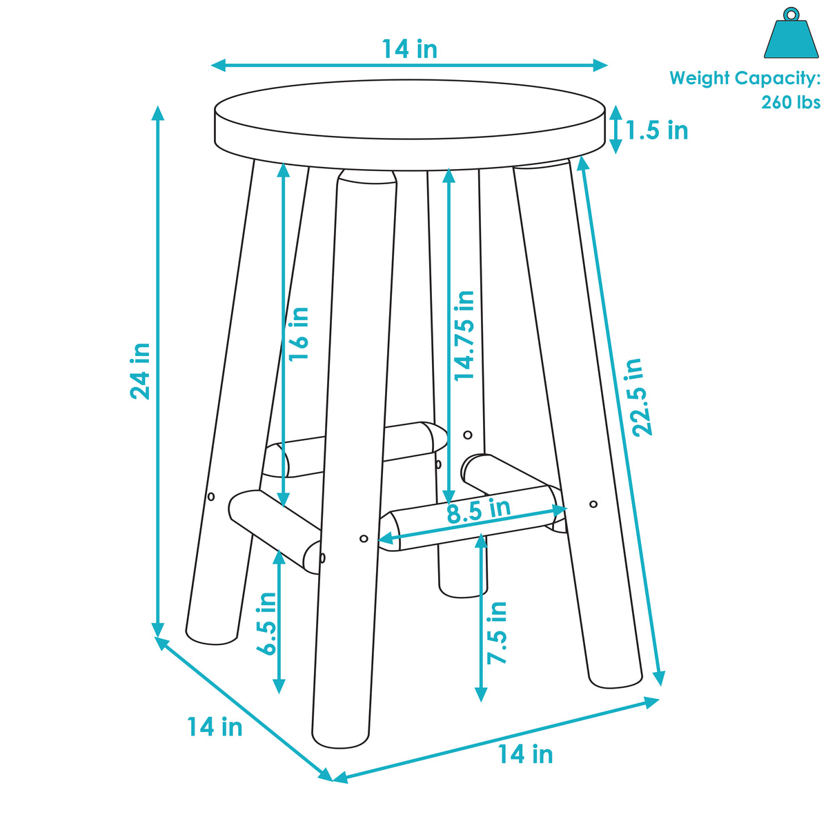 Sunnydaze Round Backless Wooden Bar Stool 24