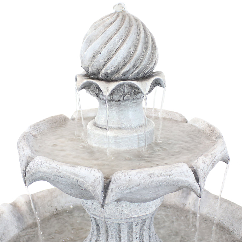 Back view of empty white, two-tiered water fountain.