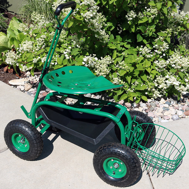 Sunnydaze Rolling Garden Cart with Swivel Seat, Handle, and Basket