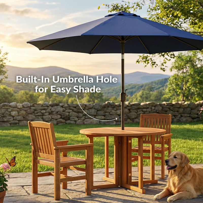 folding round patio table with umbrella hole Sunnydaze Malaysian Hardwood Gateleg Patio Table with Teak Oil Finish