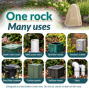 Beige faux rock utility cover displayed in a landscaped garden, with examples of eight uses: concealing septic tank covers, well pump risers, sprinkler valves, outdoor outlets, pond filter systems, control panels, spillway boxes, and pipes. Text notes the rock is decorative and should not be sat, stood, or leaned on.