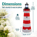 Dimensions infographic featuring a red and white lighthouse with callouts showing a total height of 35.75 inches, weight of 11.2 pounds, width of 11.5 inches, and depth of 10.75 inches.