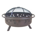 Rear view of the black Cosmic Fire Pit featuring decorative star and moon cutouts, a domed mesh spark screen, circular side handles, and angled metal legs.