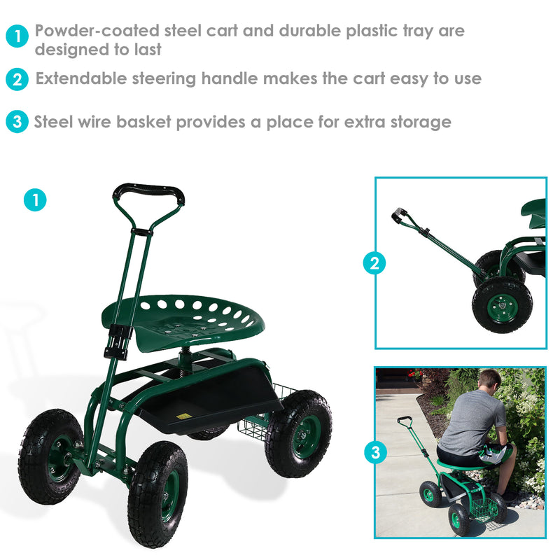 Sunnydaze Rolling Garden Cart with Steering Handle and Swivel Seat