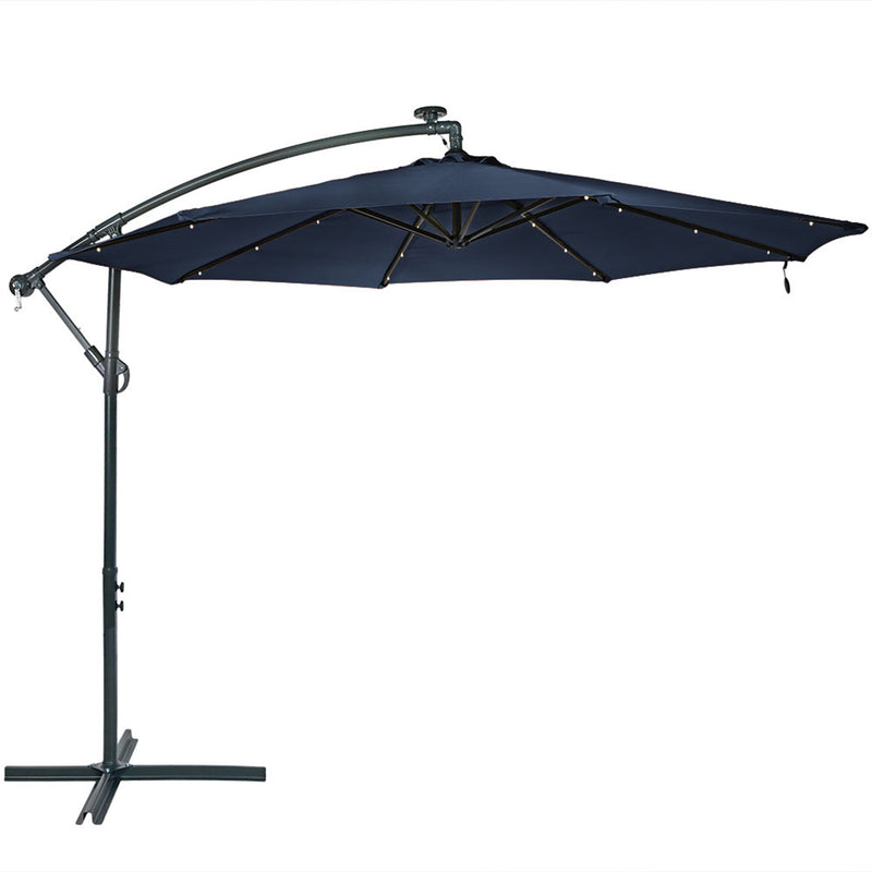 Sunnydaze 10-Foot Offset Cantilever Solar Patio Umbrella with Outdoor LED Lights, Crank, and Cross Base, Navy Blue Sunnydaze 10-Foot Offset Cantilever Solar Patio Umbrella with Outdoor LED Lights, Crank, and Cross Base, Navy Blue