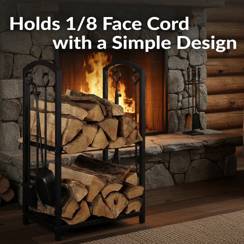 Sunnydaze 5-Piece Fireplace Log Holder with Poker, Shovel, and Brush