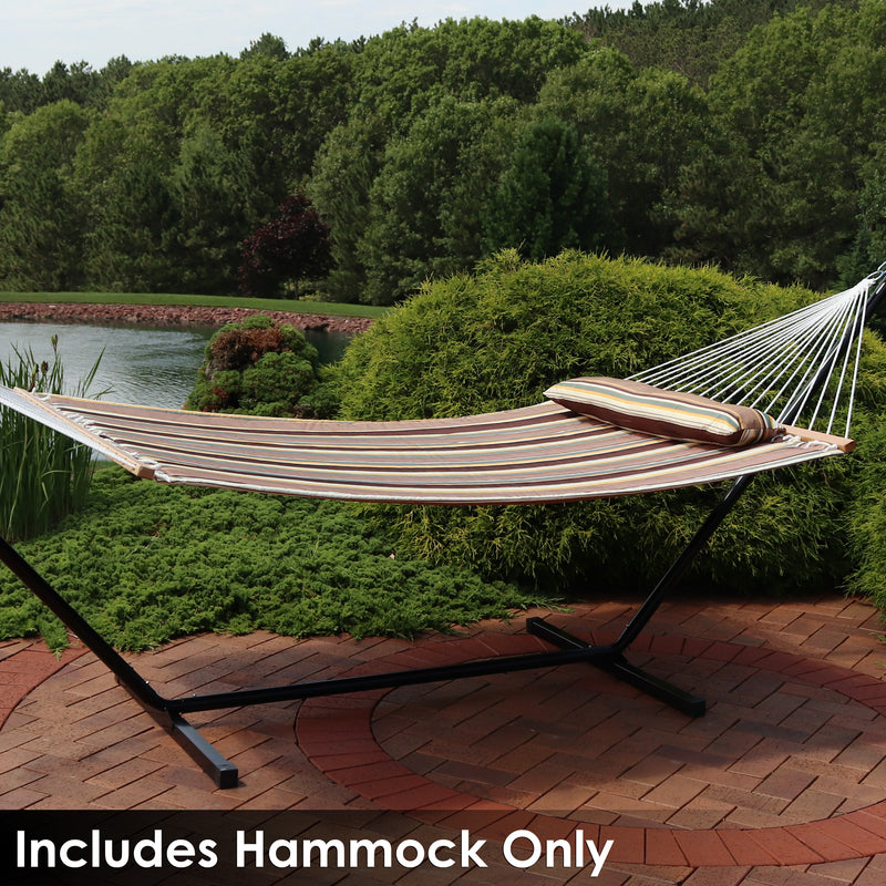 striped quilted hammock with matching pillow with white ropes