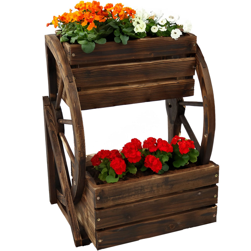 Sunnydaze Wagon Wheel 2-Tier Rustic Wood Plant Stand