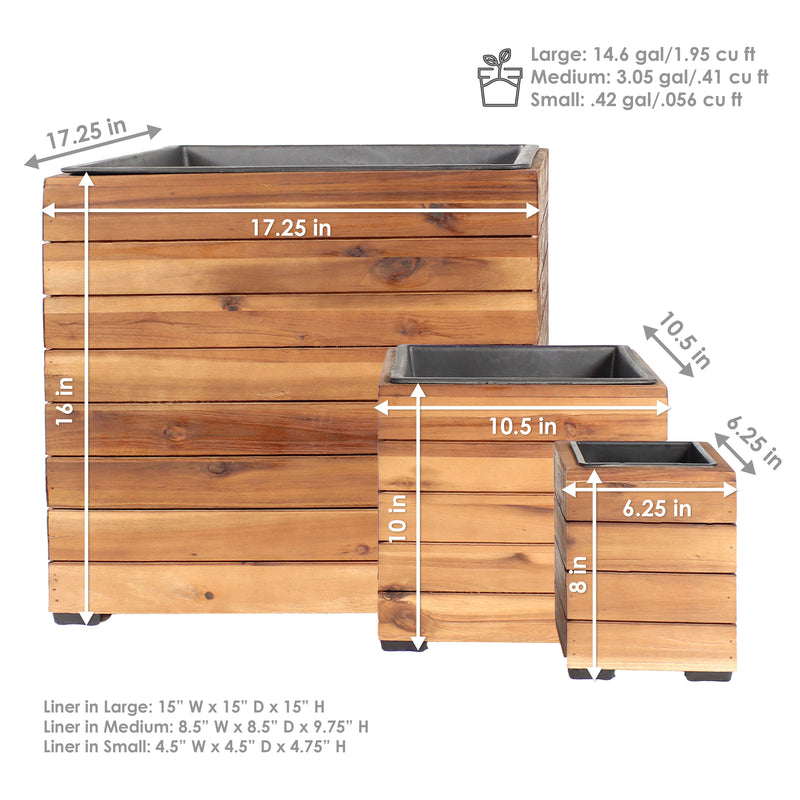 large square plastic planter liners Sunnydaze Indoor/Outdoor Square Acacia Wood Planter Box with Plastic Liner - 3pk